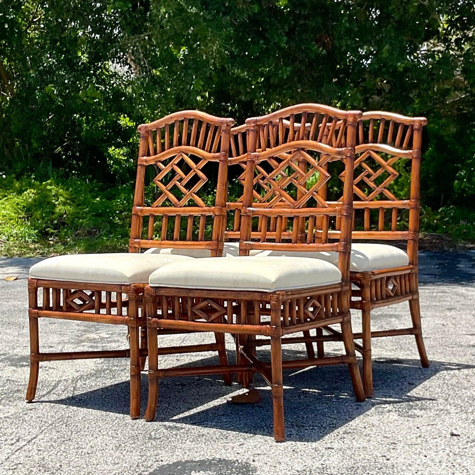 Vintage Coastal Lexington Carved Bamboo Dining Chairs - Set of 4 1