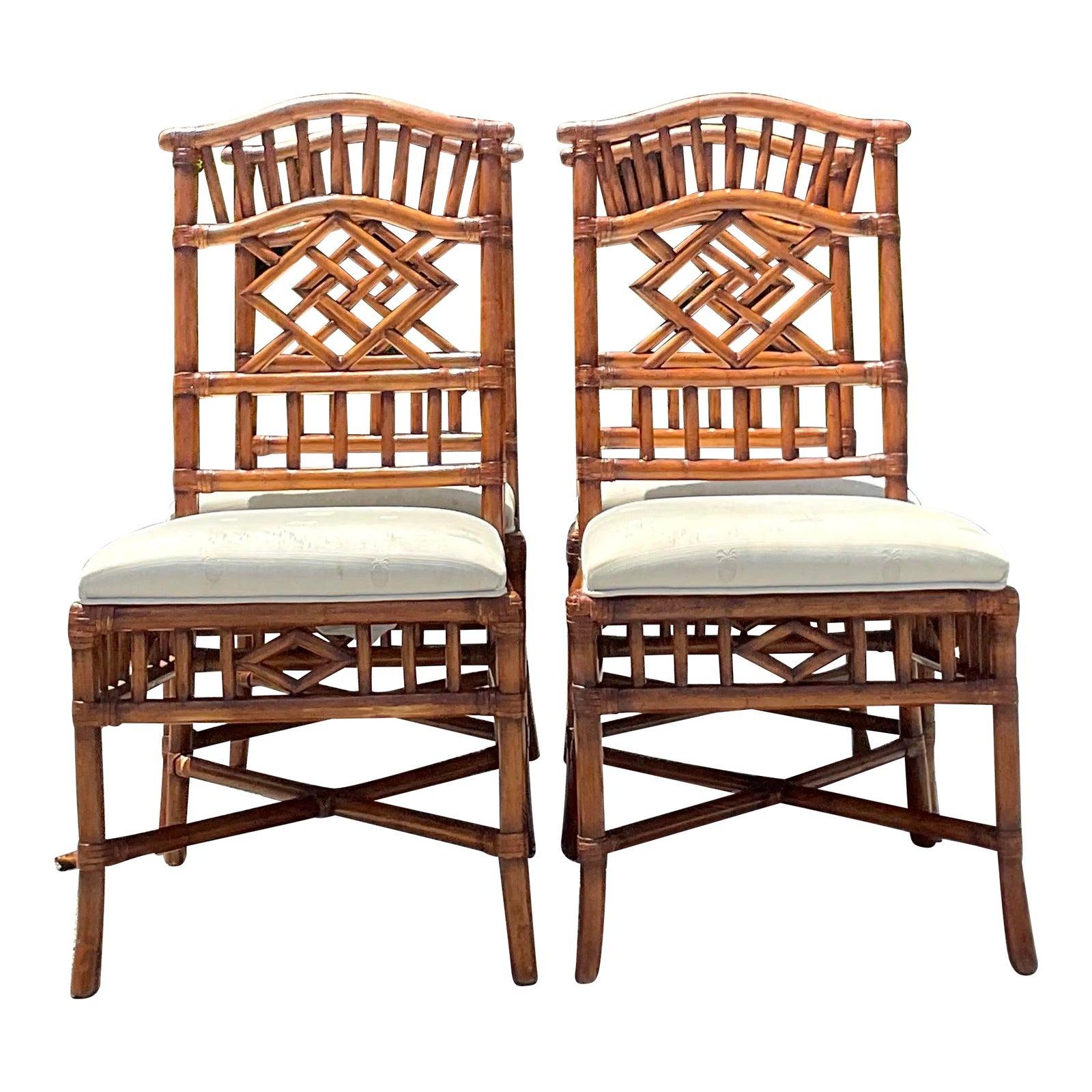 Vintage Coastal Lexington Carved Bamboo Dining Chairs - Set of 4