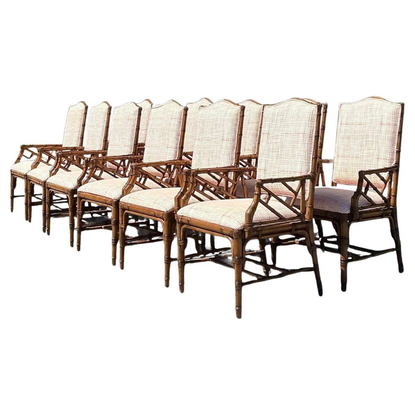 Vintage Coastal Lexington Chinese Chippendale High Back Dining Chairs -Set of 12
