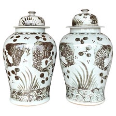 Vintage Coastal Lidded Koi Ginger Jar Vases - a Pair