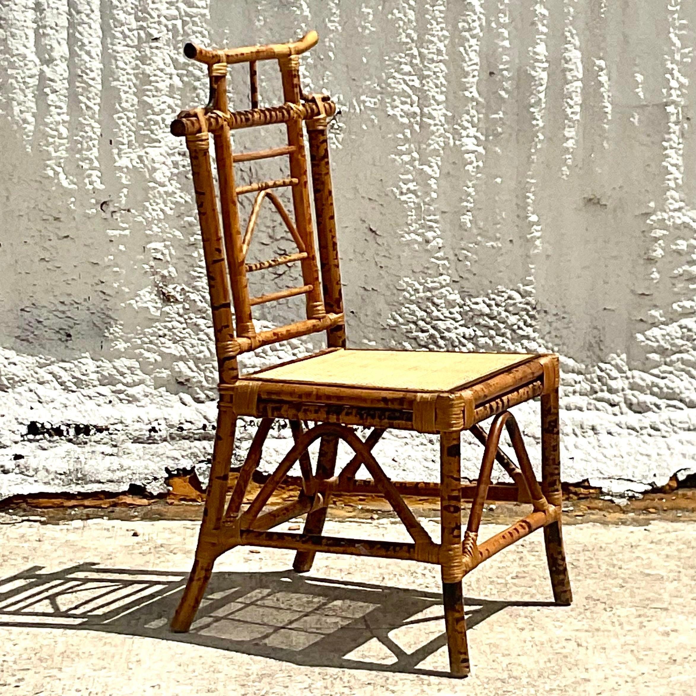 Vintage Coastal Light Burnt Bamboo Pagoda Chair In Good Condition In west palm beach, FL