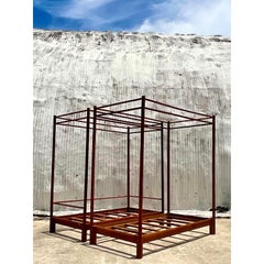 Vintage Coastal Linda Garland Carved Bamboo Teak Twin Canopy Beds, a Pair