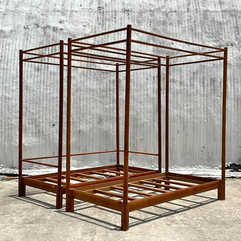 Vintage Coastal Linda Garland Carved Bamboo Teak Twin Canopy Beds, a