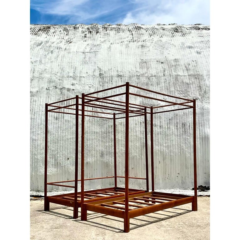 Vintage Coastal Linda Garland Carved Bamboo Teak Twin Canopy Beds, a