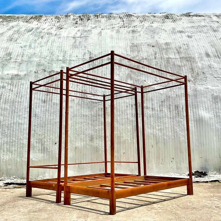 Vintage Coastal Linda Garland Carved Bamboo Teak Twin Canopy Beds, a