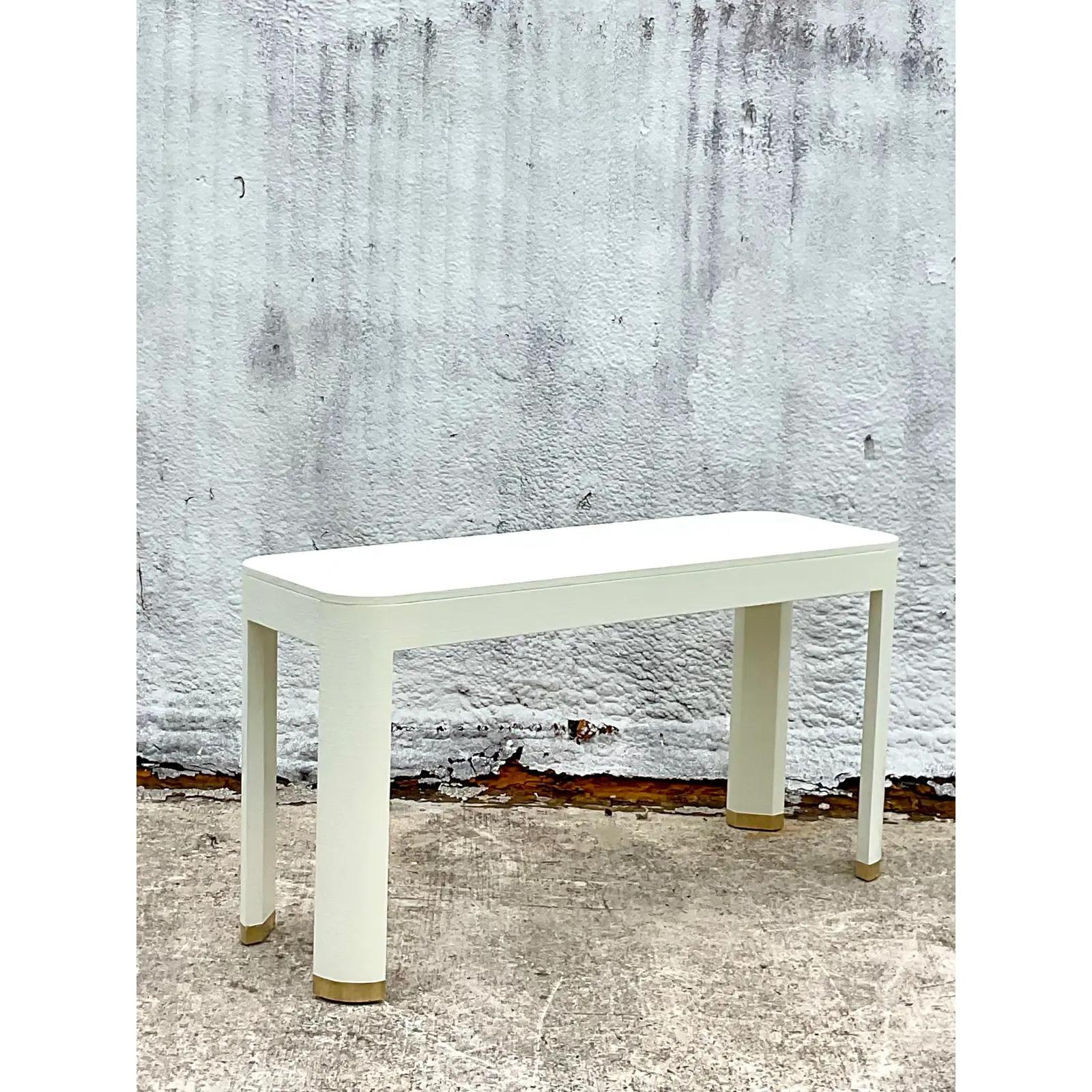 Vintage Coastal Linen Wrapped Century Furniture Console Table 4