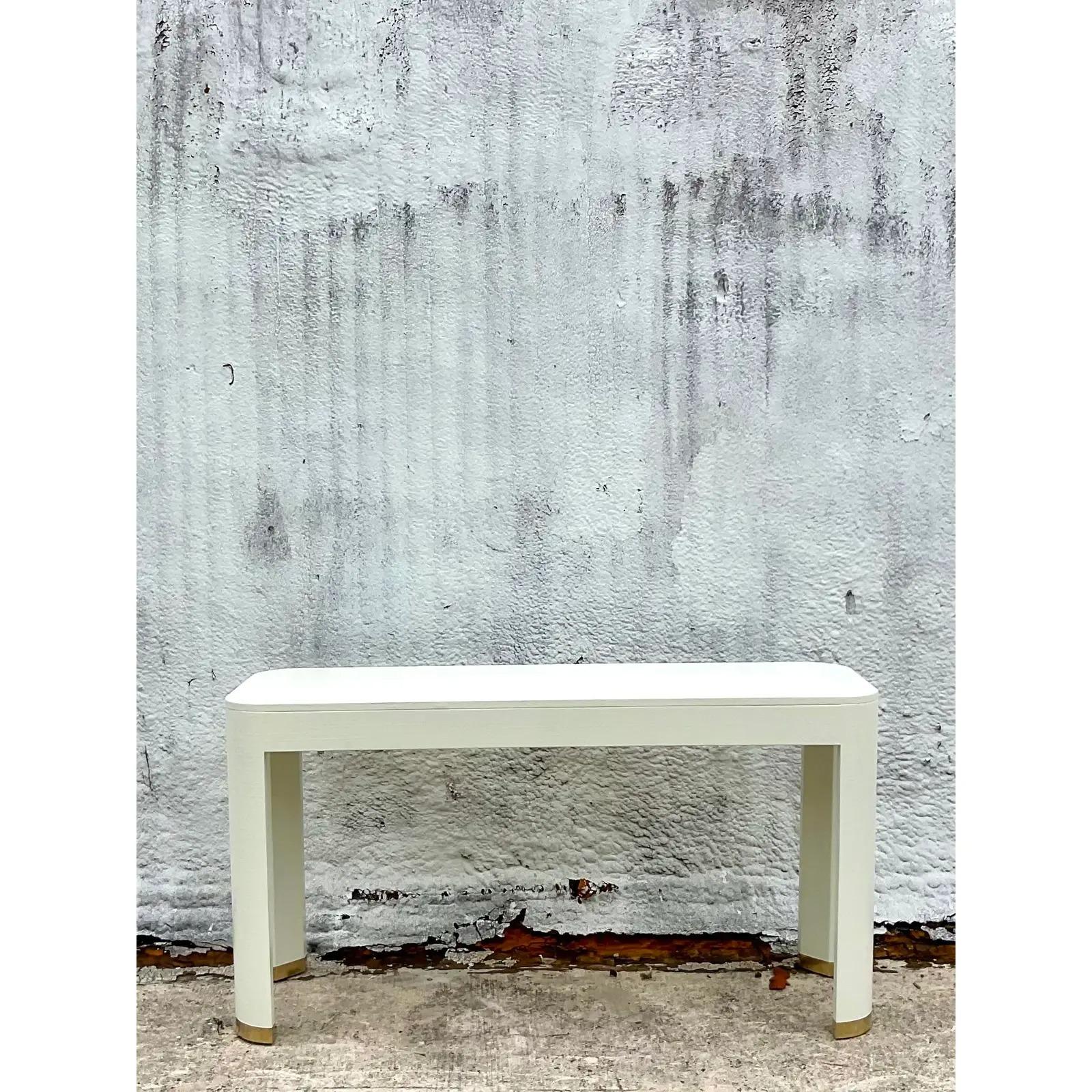 Vintage Coastal Linen Wrapped Century Furniture Console Table 5