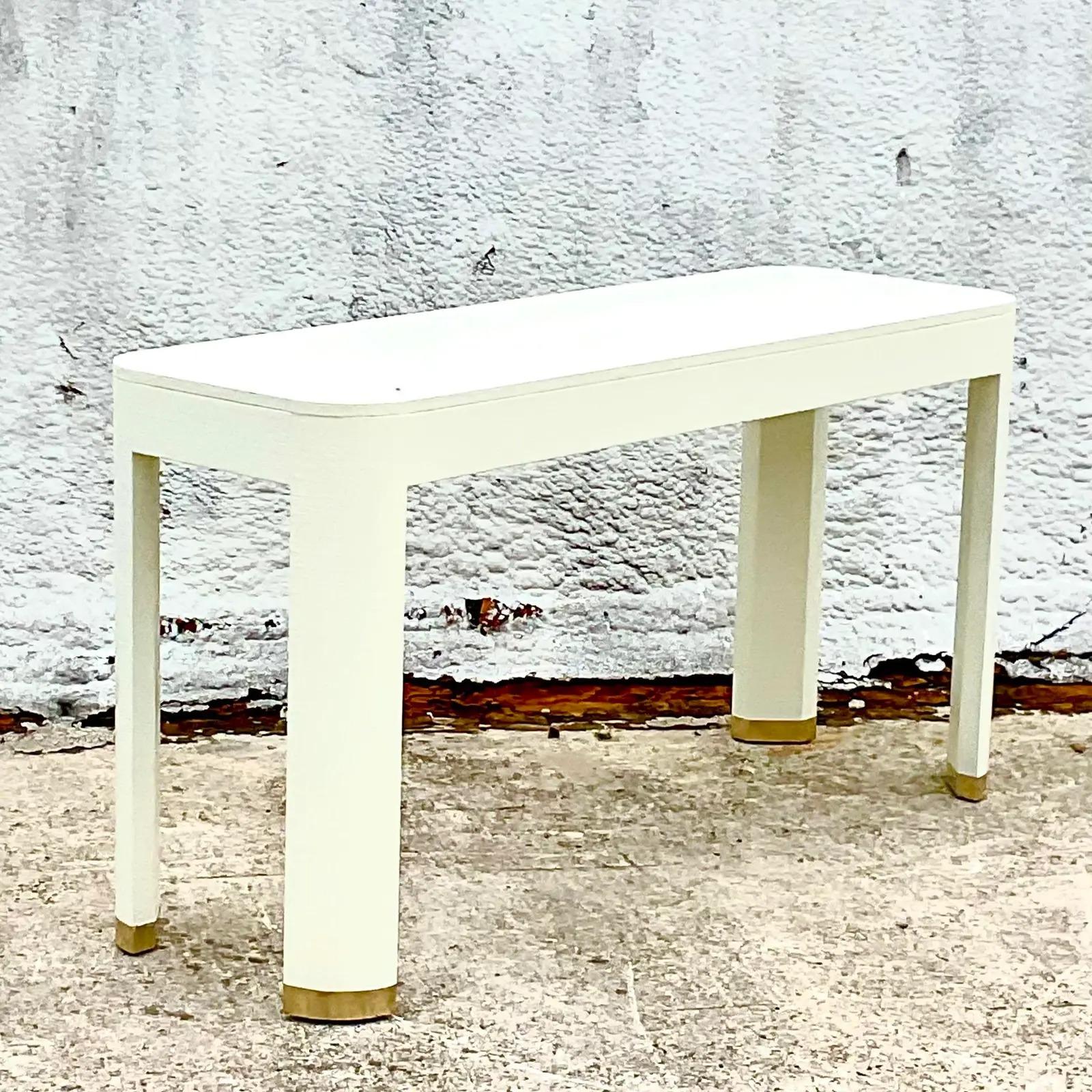Vintage Coastal Linen Wrapped Century Furniture Console Table In Good Condition In west palm beach, FL