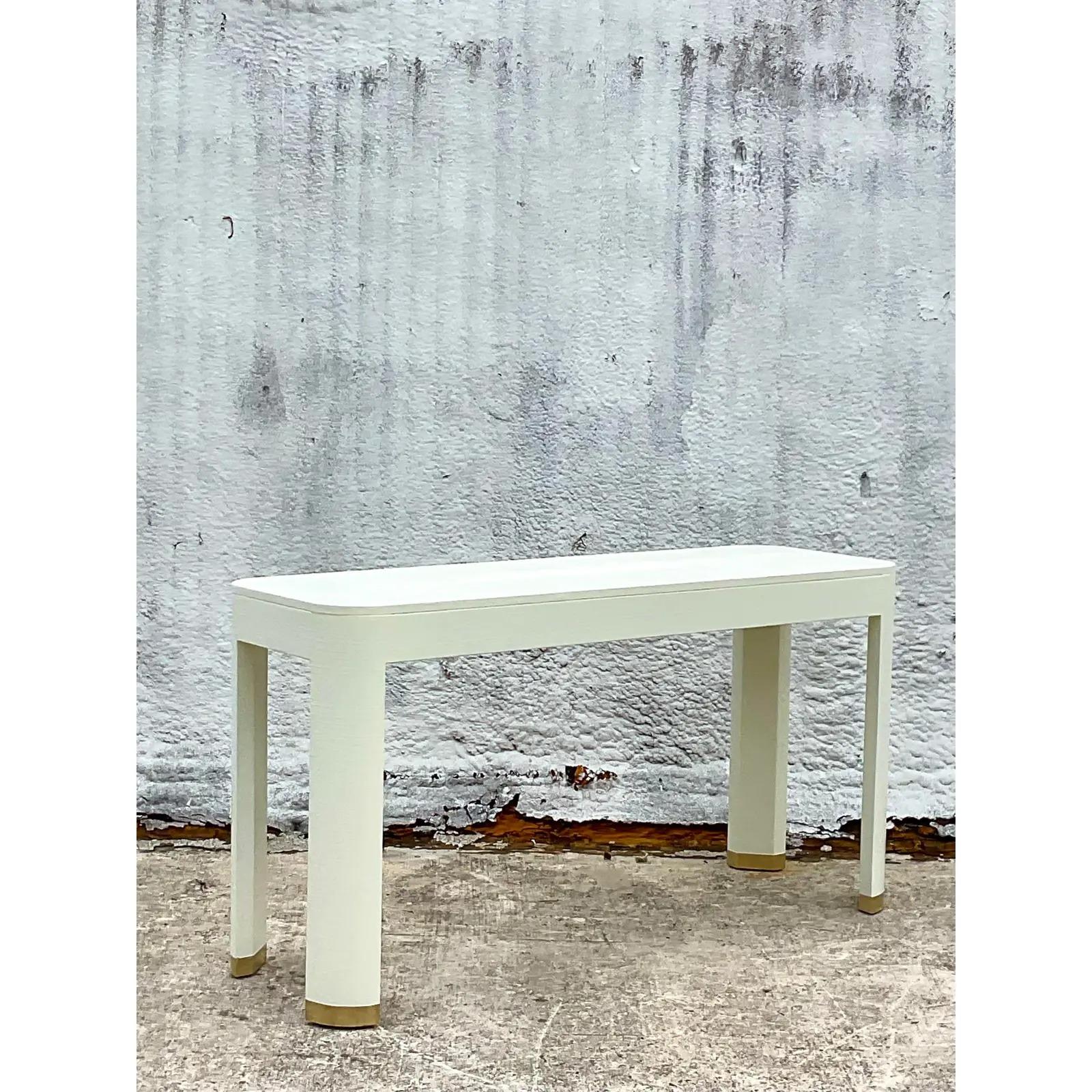 Brass Vintage Coastal Linen Wrapped Century Furniture Console Table