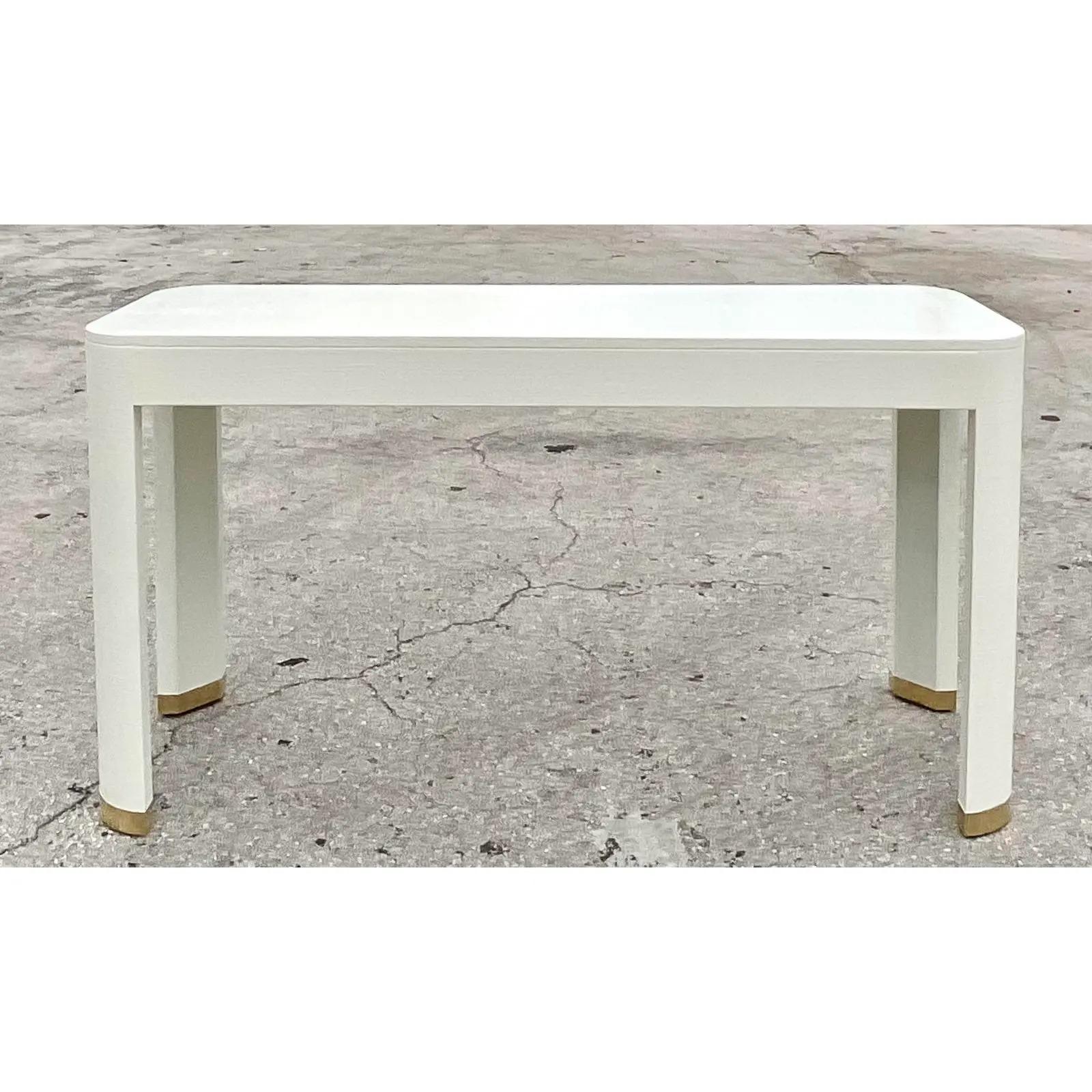 Vintage Coastal Linen Wrapped Century Furniture Console Table 3