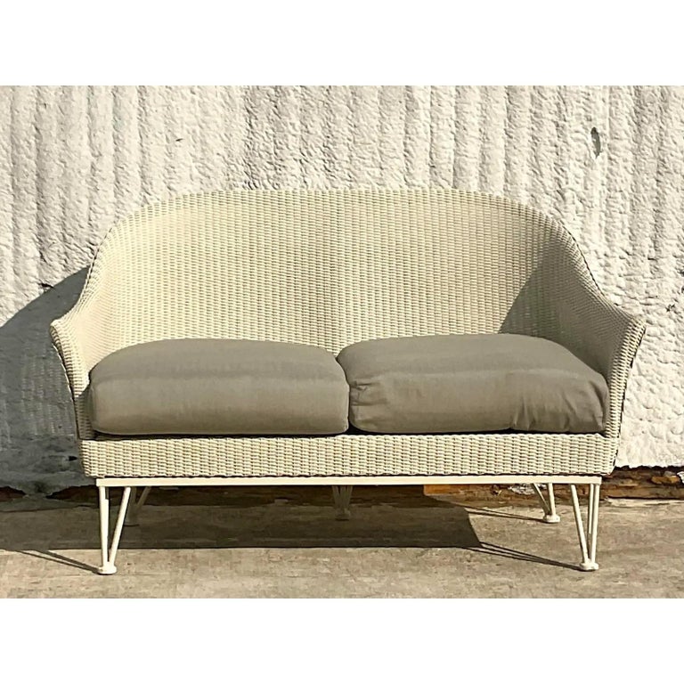 Vintage Coastal Lloyd Flanders “Lloyd Loom” Resin Rattan Loveseat For