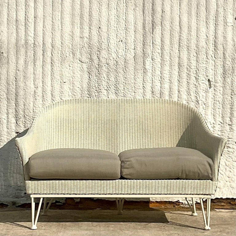 Vintage Coastal Lloyd Flanders “Lloyd Loom” Resin Rattan Loveseat For