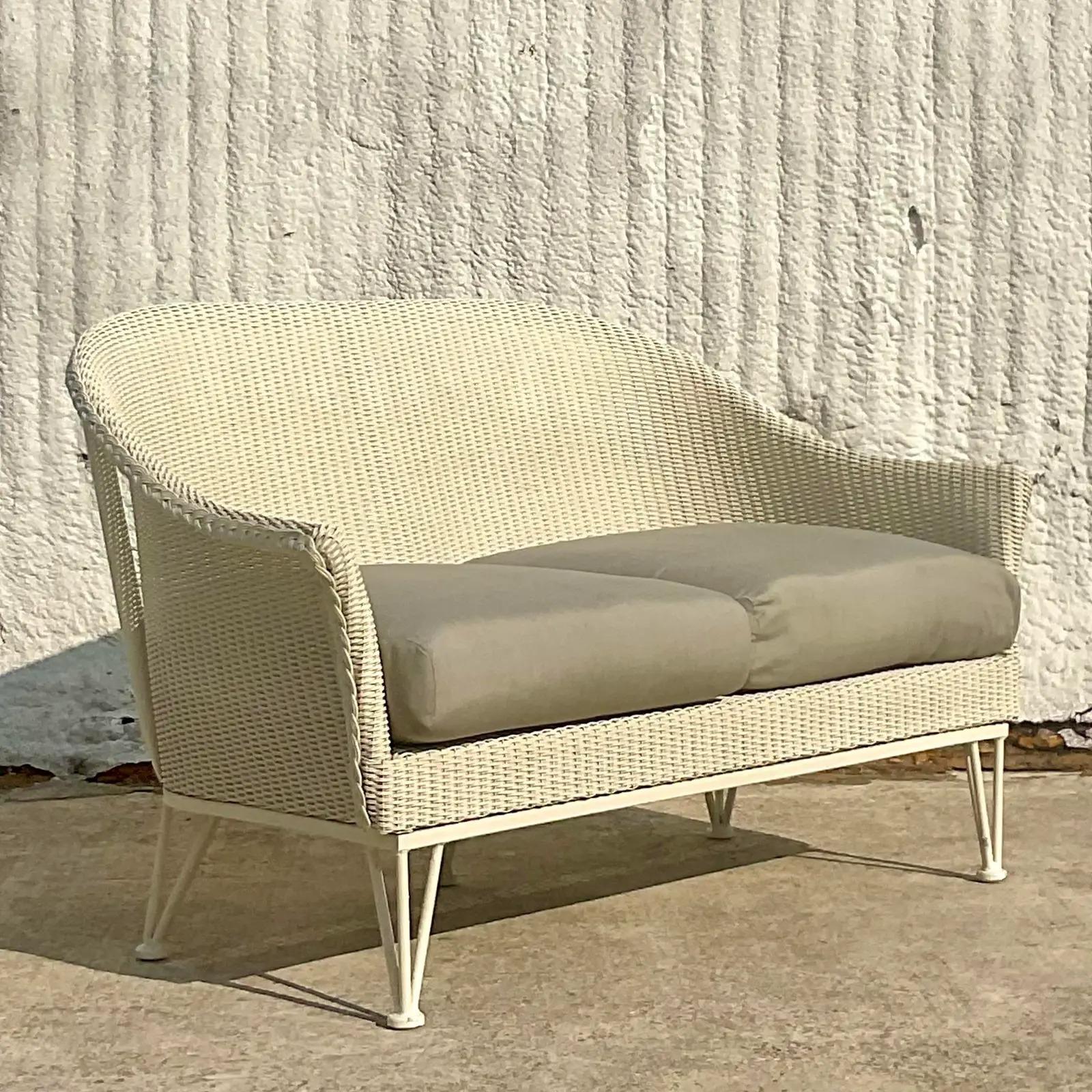 Vintage Coastal Lloyd Flanders “Lloyd Loom” Resin Rattan Loveseat In Good Condition In West Palm Beach, FL