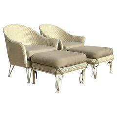 Vintage Coastal Lloyd Flanders “Lloyd Loom” Tub Chairs with Ottomans , Pair