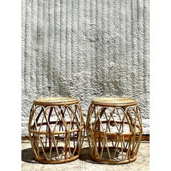 Vintage Coastal Loop Rattan Drinks Tables, a Pair