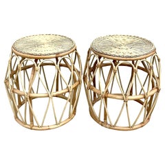 Vintage Coastal Loop Rattan Drinks Tables, a Pair