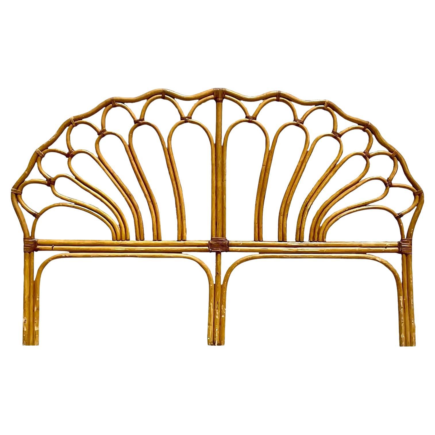 Vintage Coastal Rattan Arched King Headboard For Sale at 1stDibs