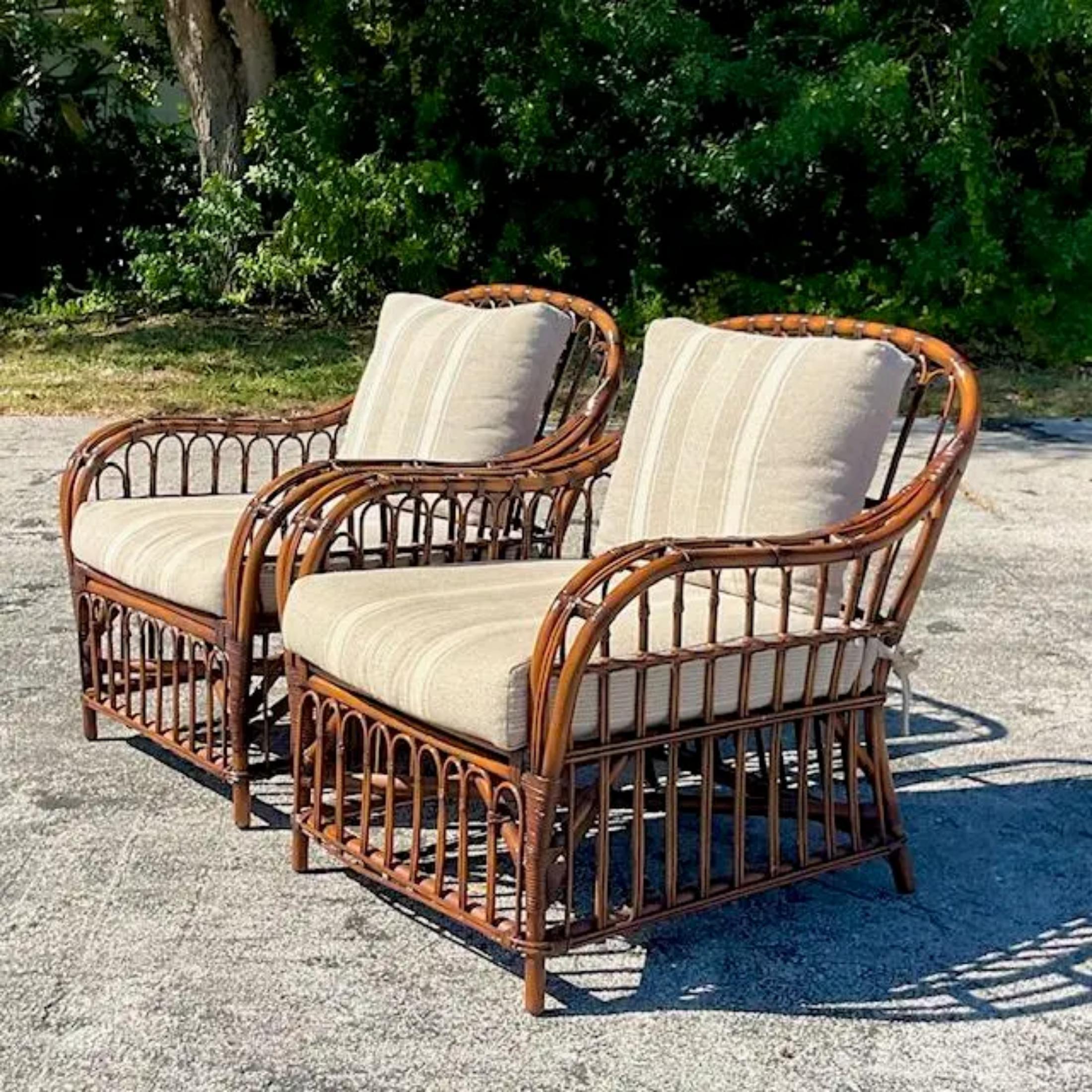 Bohemian Vintage Coastal Loop Rattan Lounge Chairs After Bielecky Brothers - a Pair