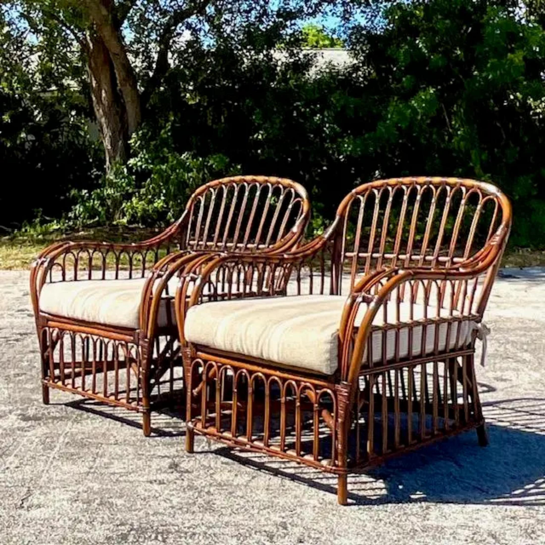 Vintage Coastal Loop Rattan Lounge Chairs After Bielecky Brothers - a Pair In Good Condition In West Palm Beach, FL