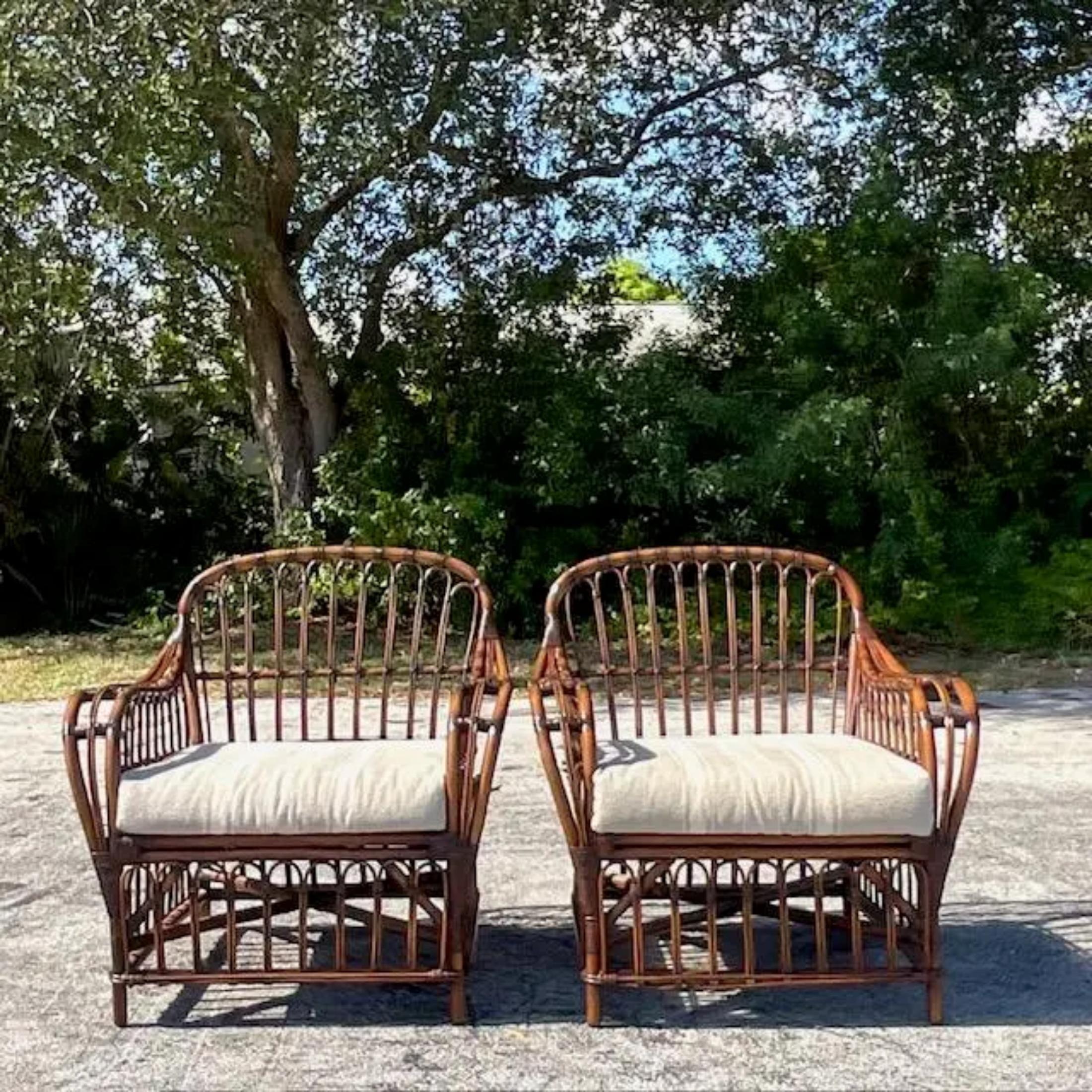 20th Century Vintage Coastal Loop Rattan Lounge Chairs After Bielecky Brothers - a Pair