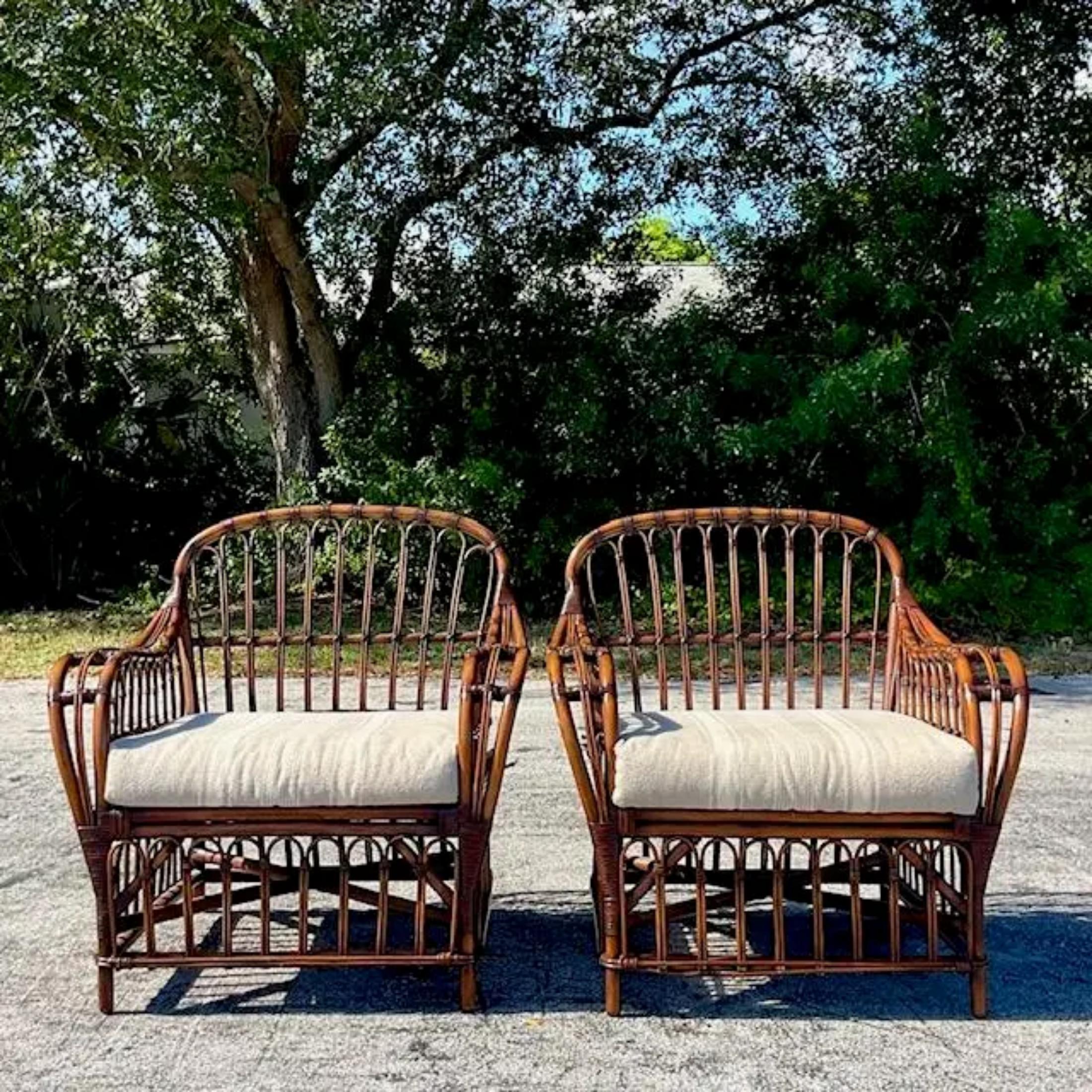 Upholstery Vintage Coastal Loop Rattan Lounge Chairs After Bielecky Brothers - a Pair
