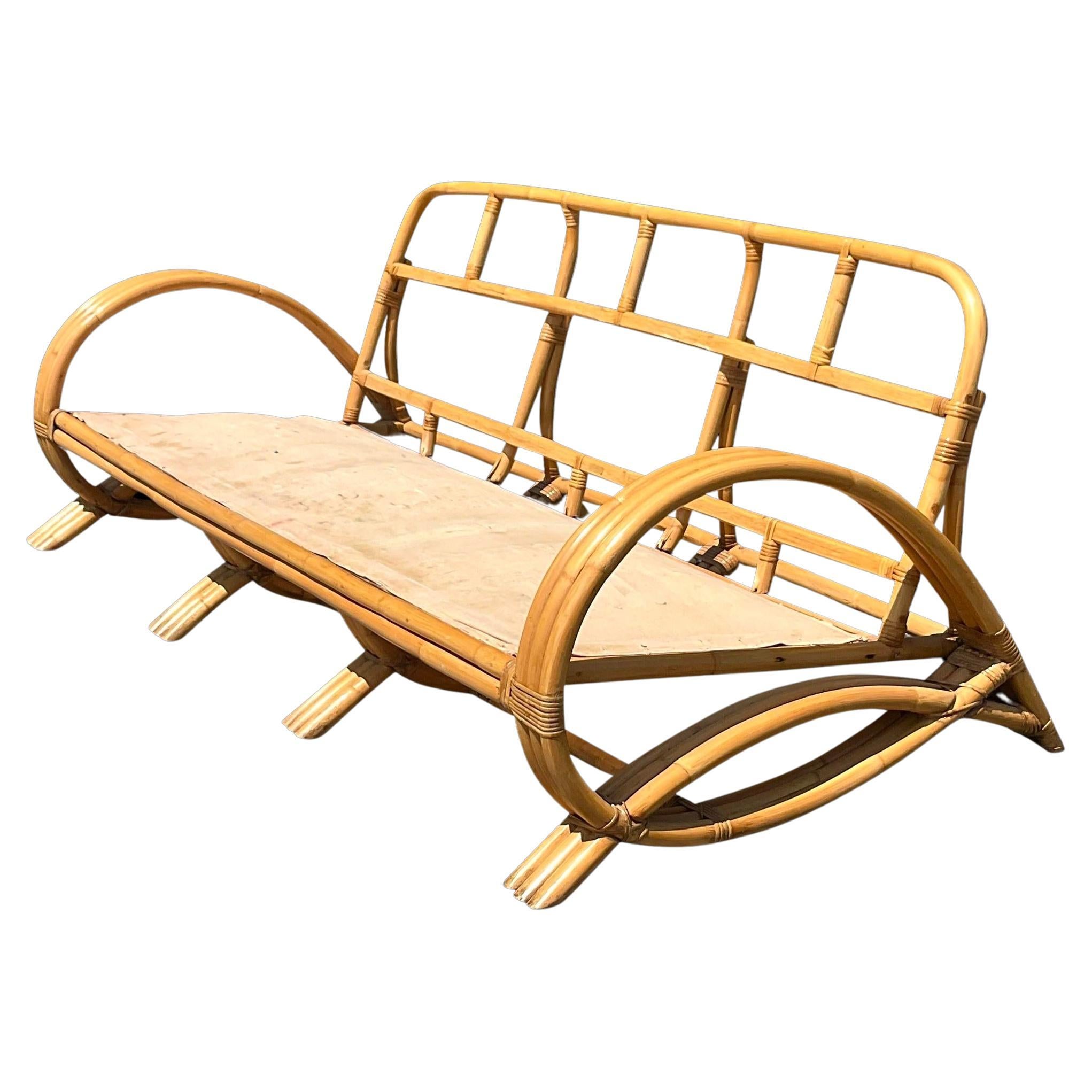 Vintage Coastal Woven Rattan Wing Sofa and Lounge Chairs For Sale at