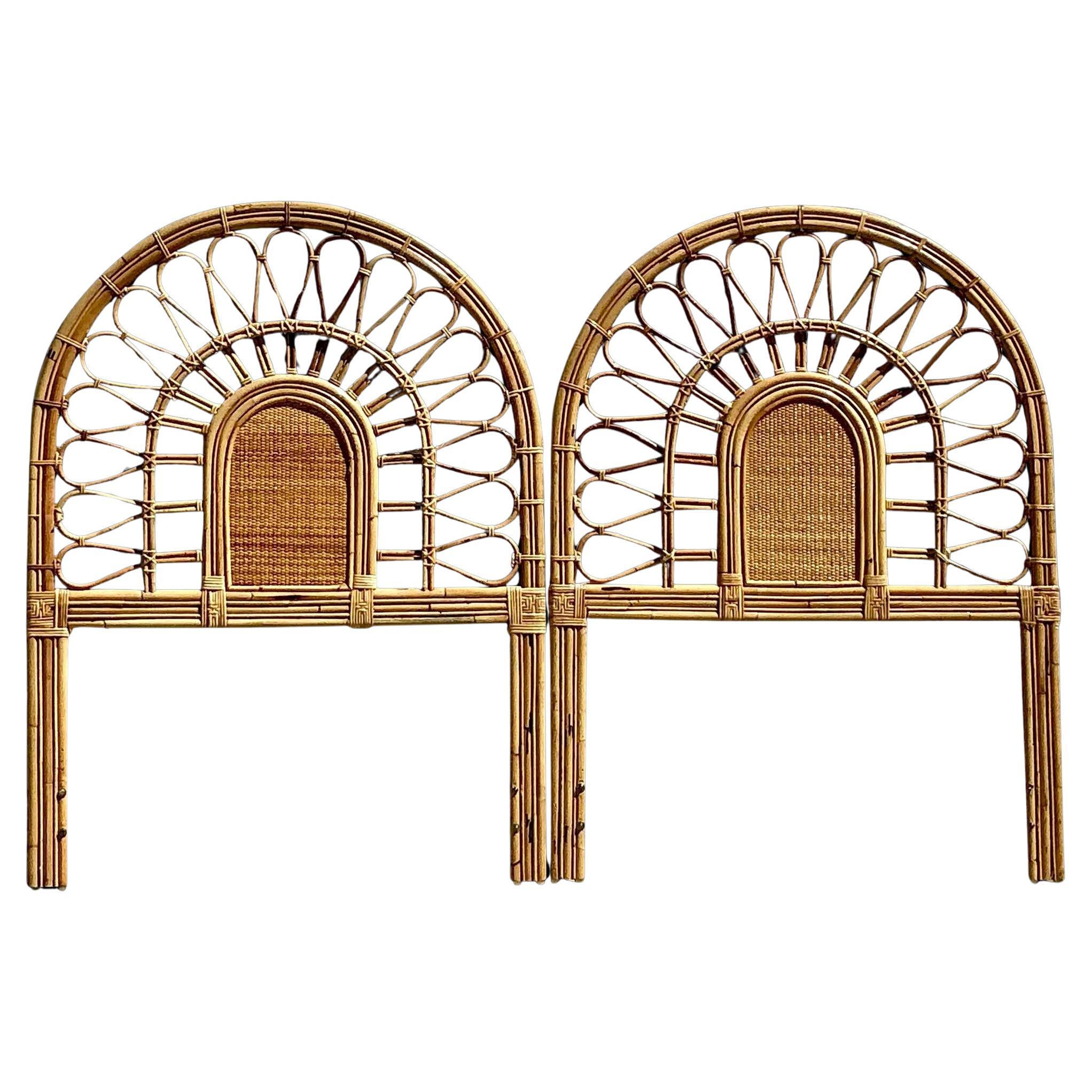 Vintage Coastal Loop Rattan Twin Headboards -a Pair