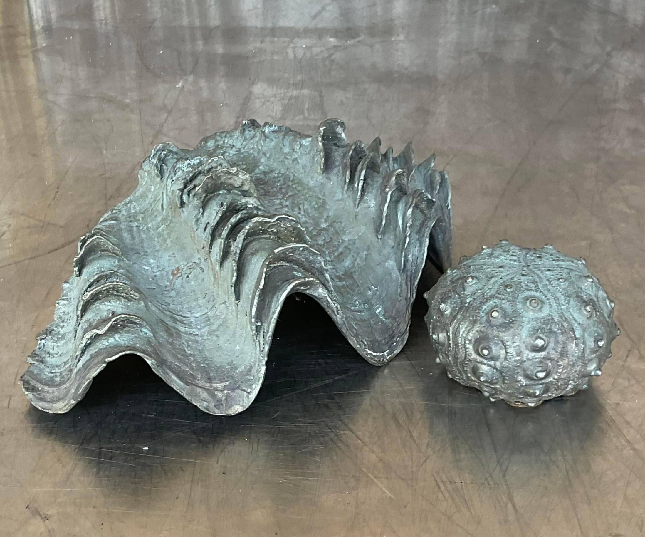 20th Century Vintage Coastal Maitland-Smith Bronze Clamshell and Sea Urchin Set- 2 Pieces