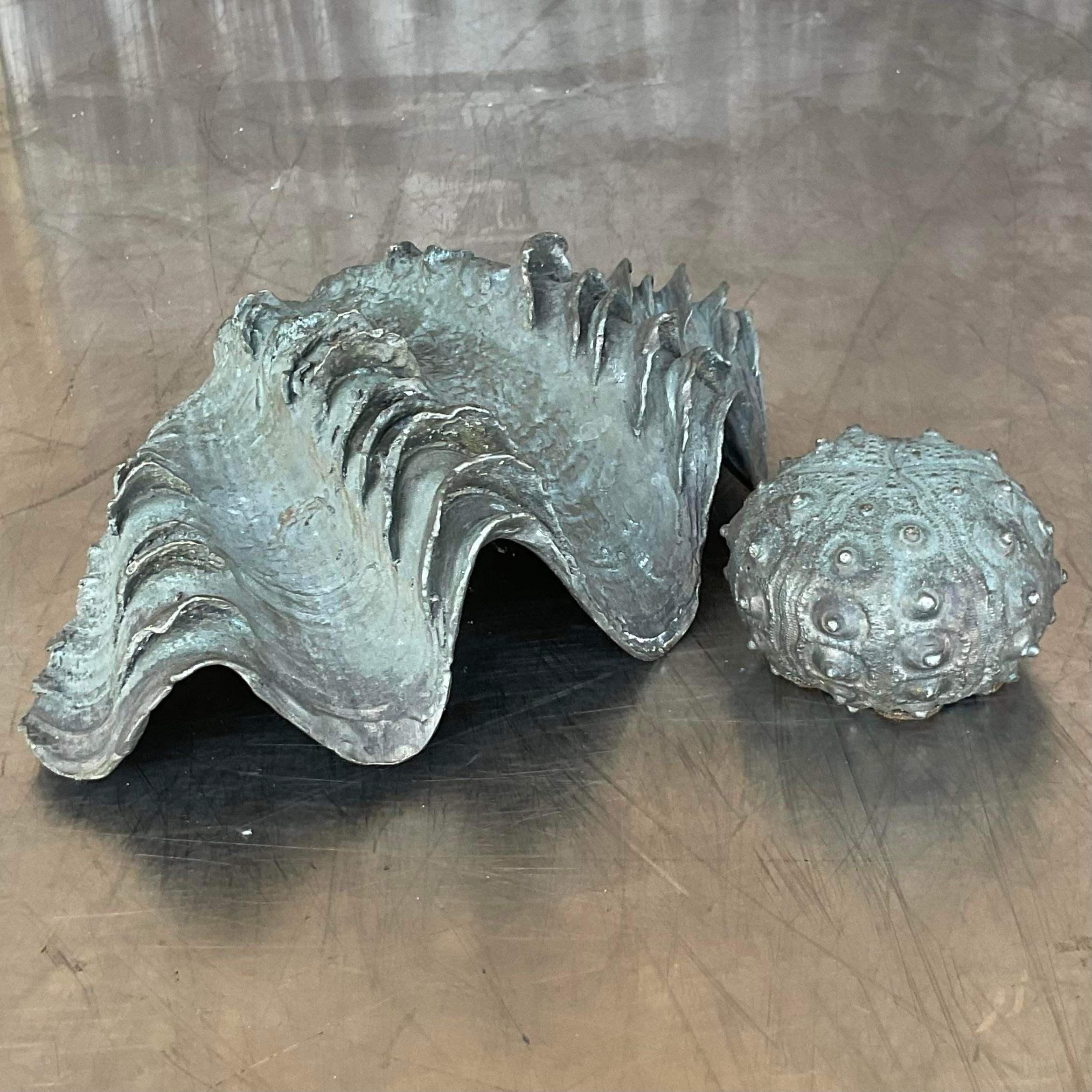 Vintage Coastal Maitland-Smith Bronze Clamshell and Sea Urchin Set- 2 Pieces 2