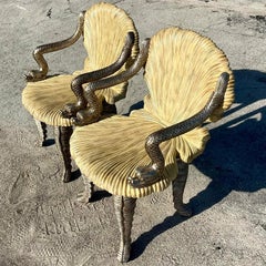 Vintage Coastal Maitland Smith Carved Grotto Chair