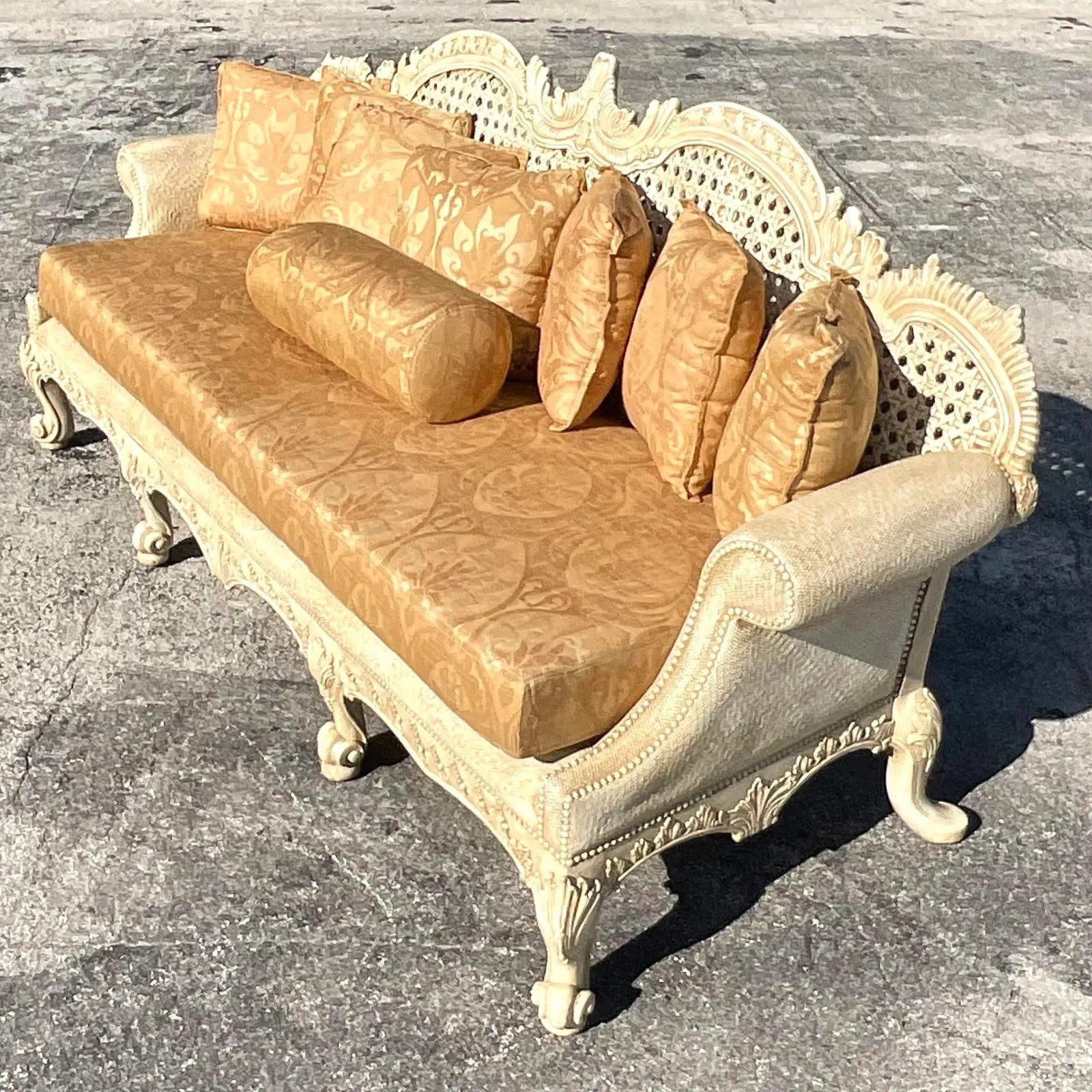 Vintage Coastal Maitland Smith Hand Carved Cane Sofa In Good Condition In west palm beach, FL