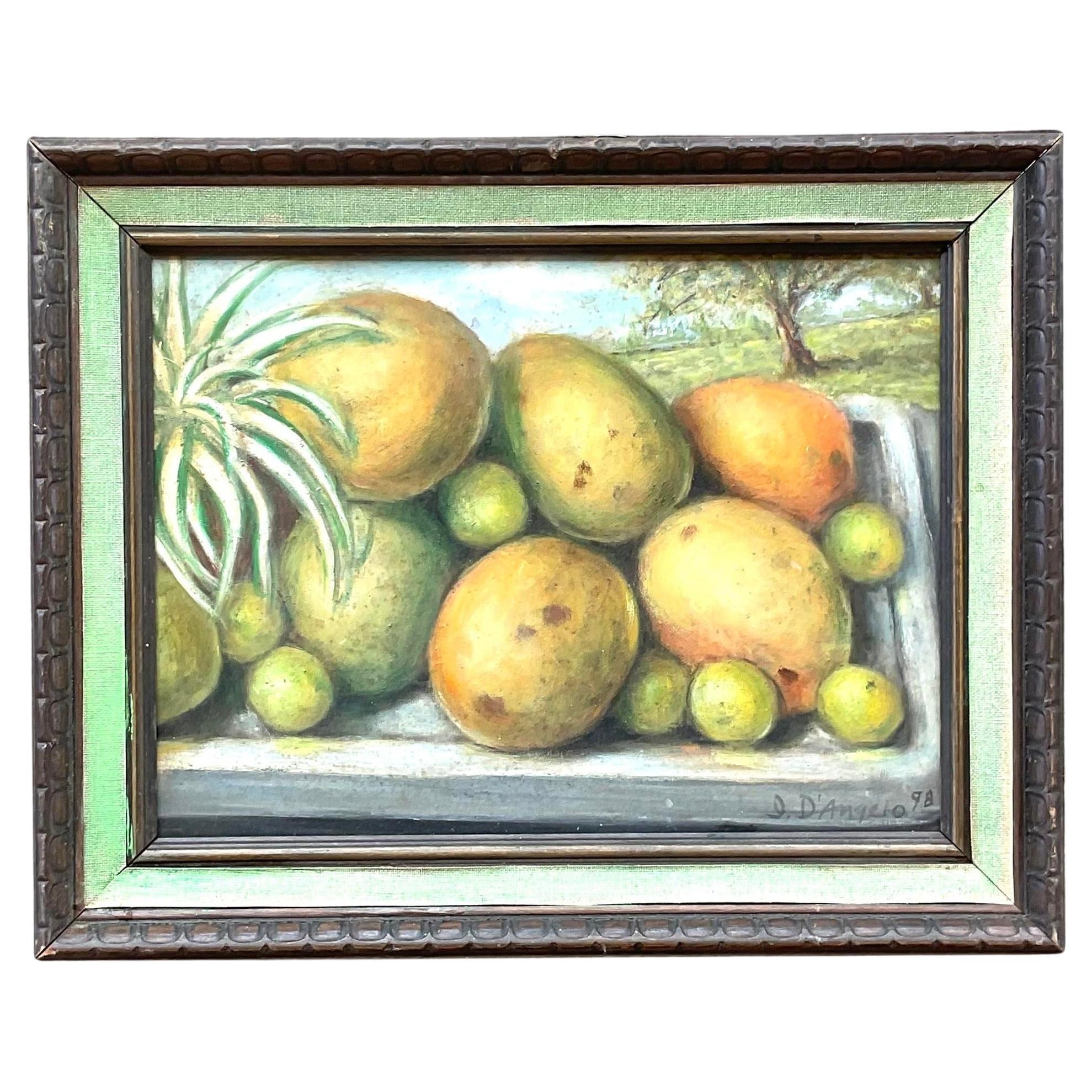 Vintage Coastal Mango Still Life Oil on Canvas Painting