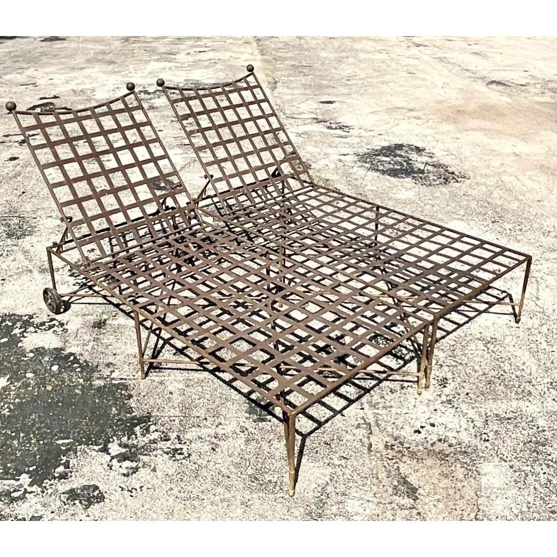 North American Vintage Coastal Mario Papperzini for Salterini Wrought Iron Chaise Lounge Chairs