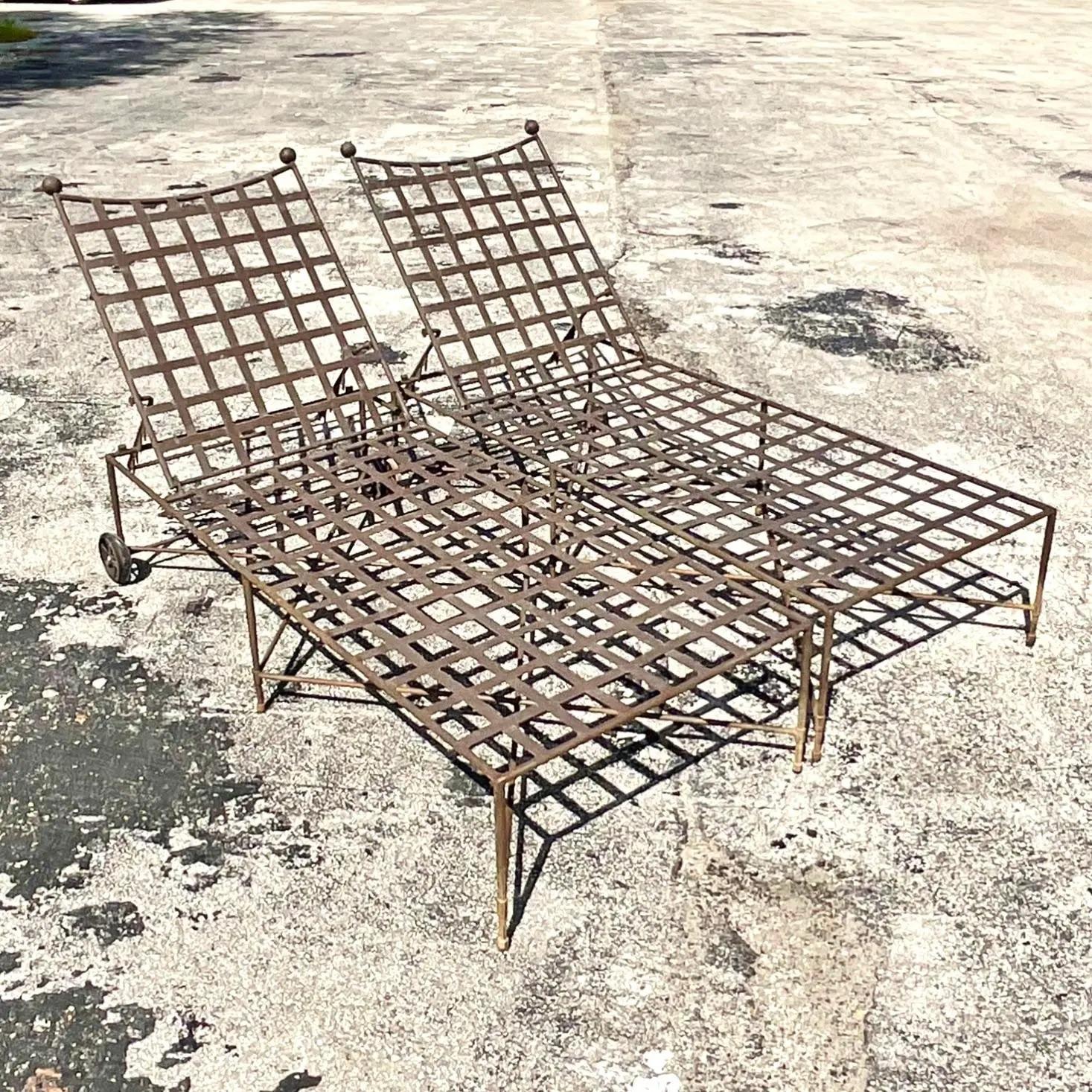 Vintage Coastal Mario Papperzini for Salterini Wrought Iron Chaise Lounge Chairs 1