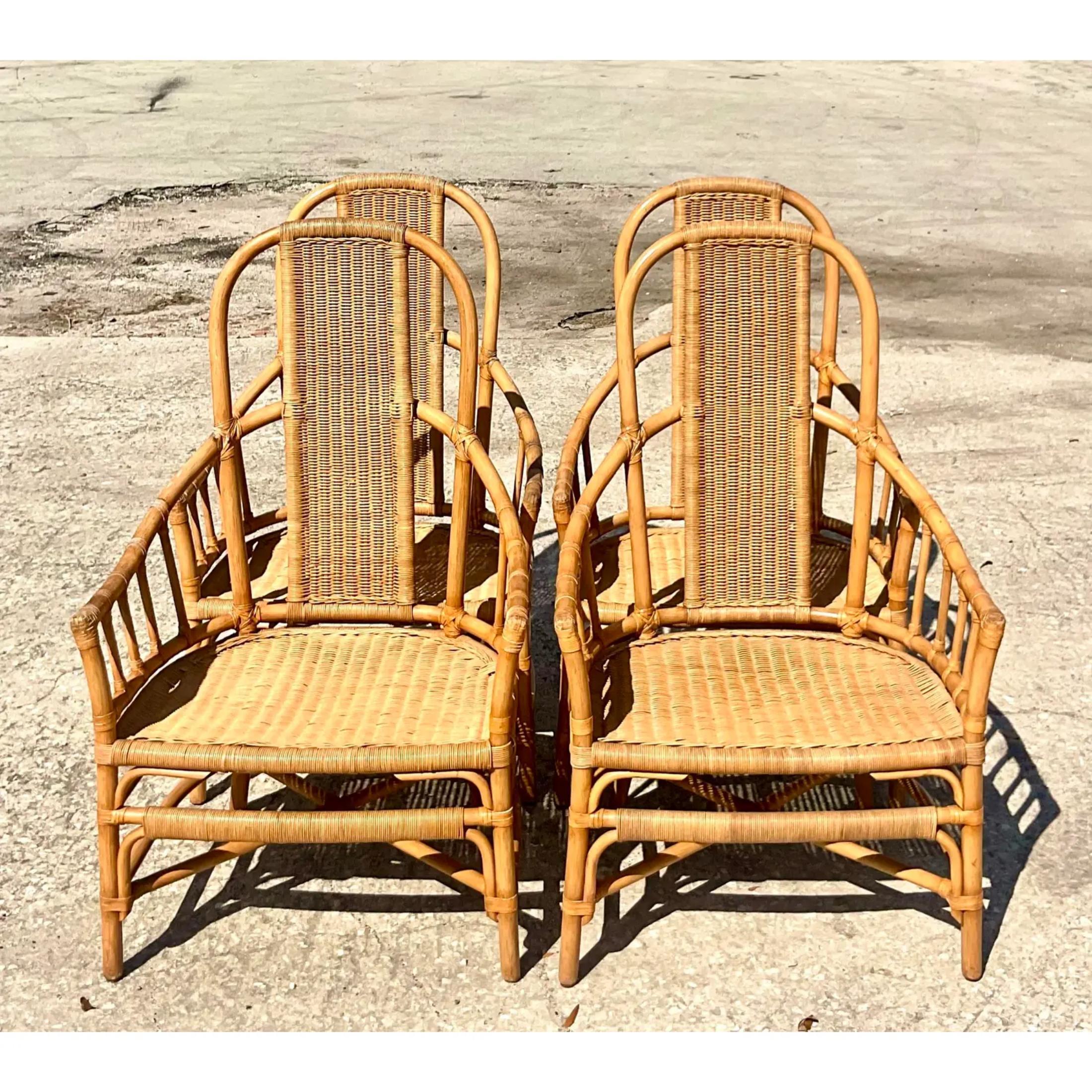 Vintage Coastal Mark David Woven Rattan Dining Chairs - Set of 4 For Sale 4