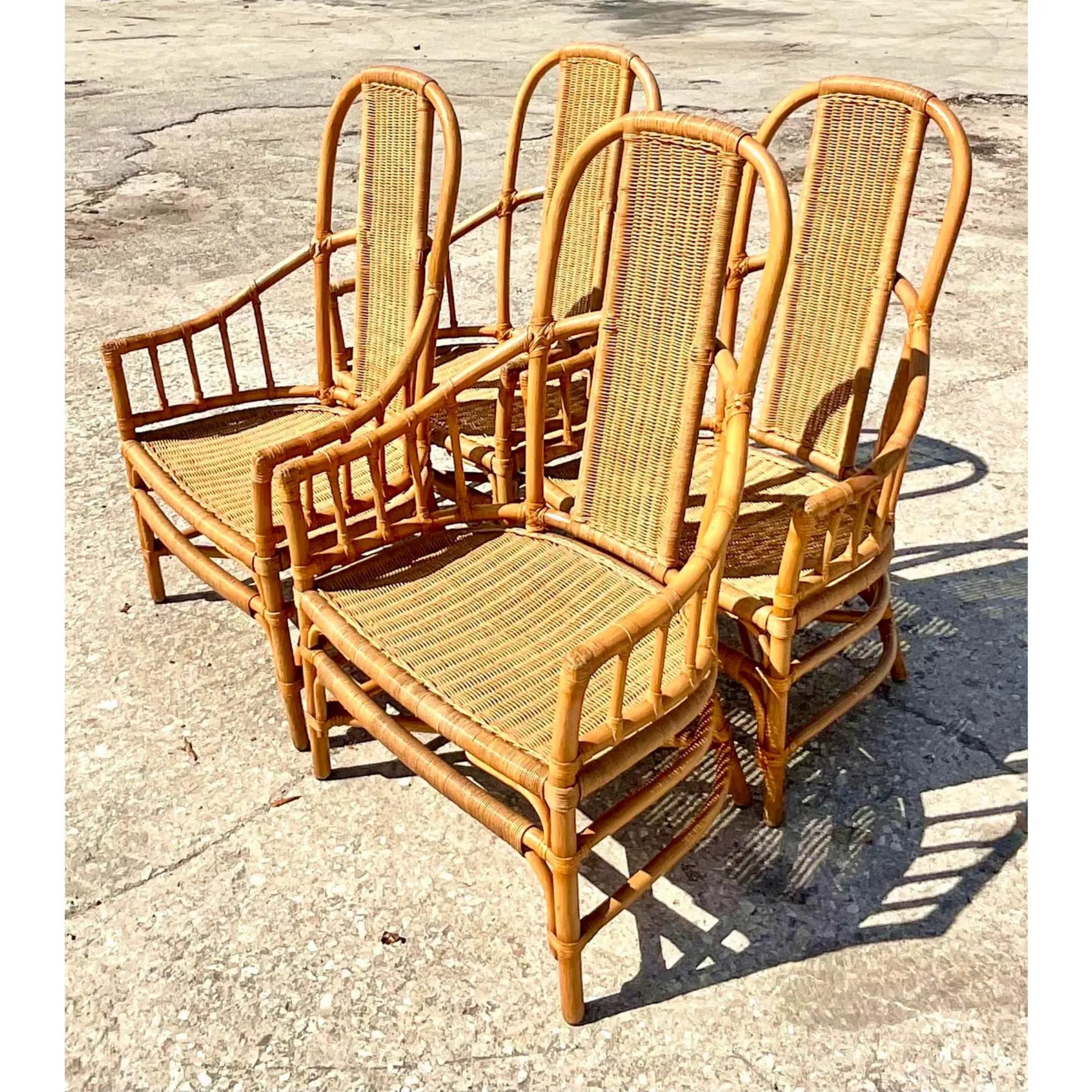 Vintage Coastal Mark David Woven Rattan Dining Chairs - Set of 4 For Sale 5