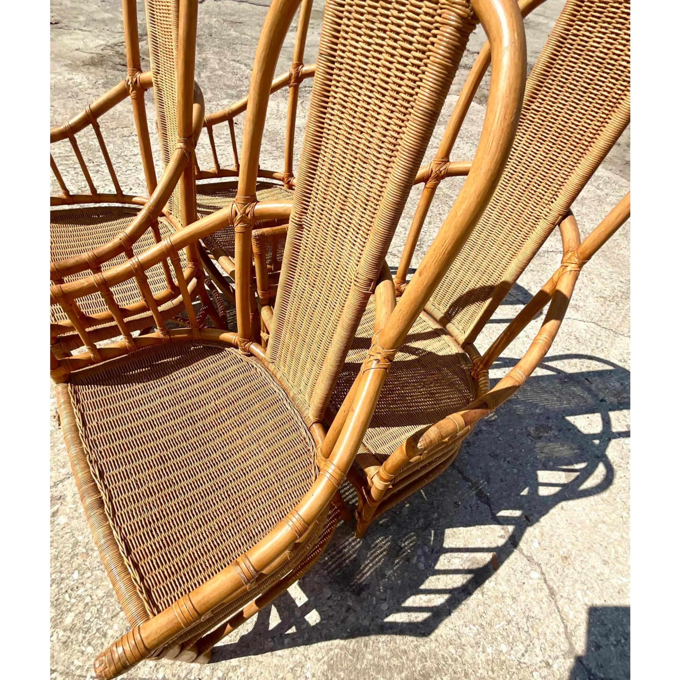 Bohemian Vintage Coastal Mark David Woven Rattan Dining Chairs - Set of 4 For Sale