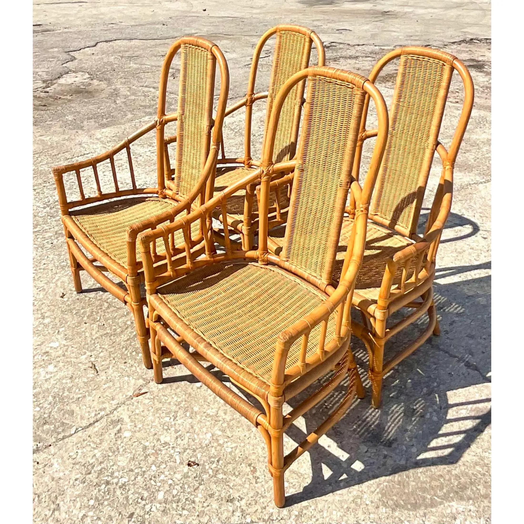 Vintage Coastal Mark David Woven Rattan Dining Chairs - Set of 4 In Good Condition For Sale In west palm beach, FL