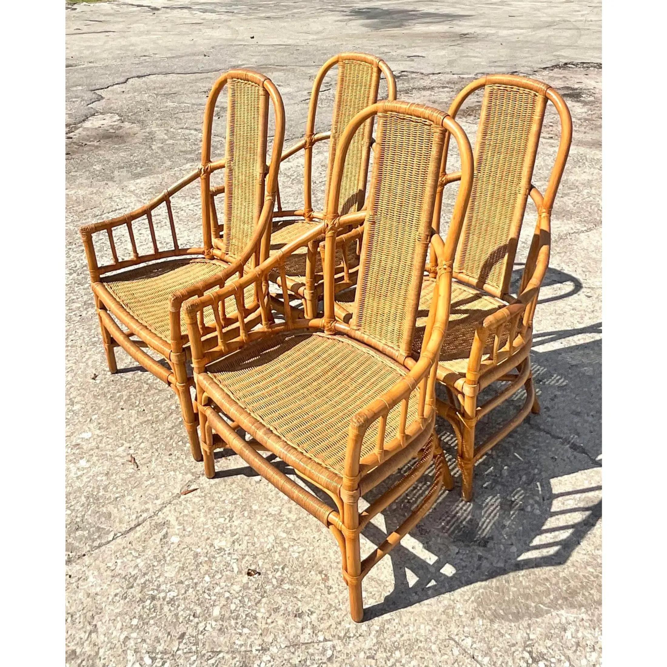 Vintage Coastal Mark David Woven Rattan Dining Chairs - Set of 4 For Sale 2