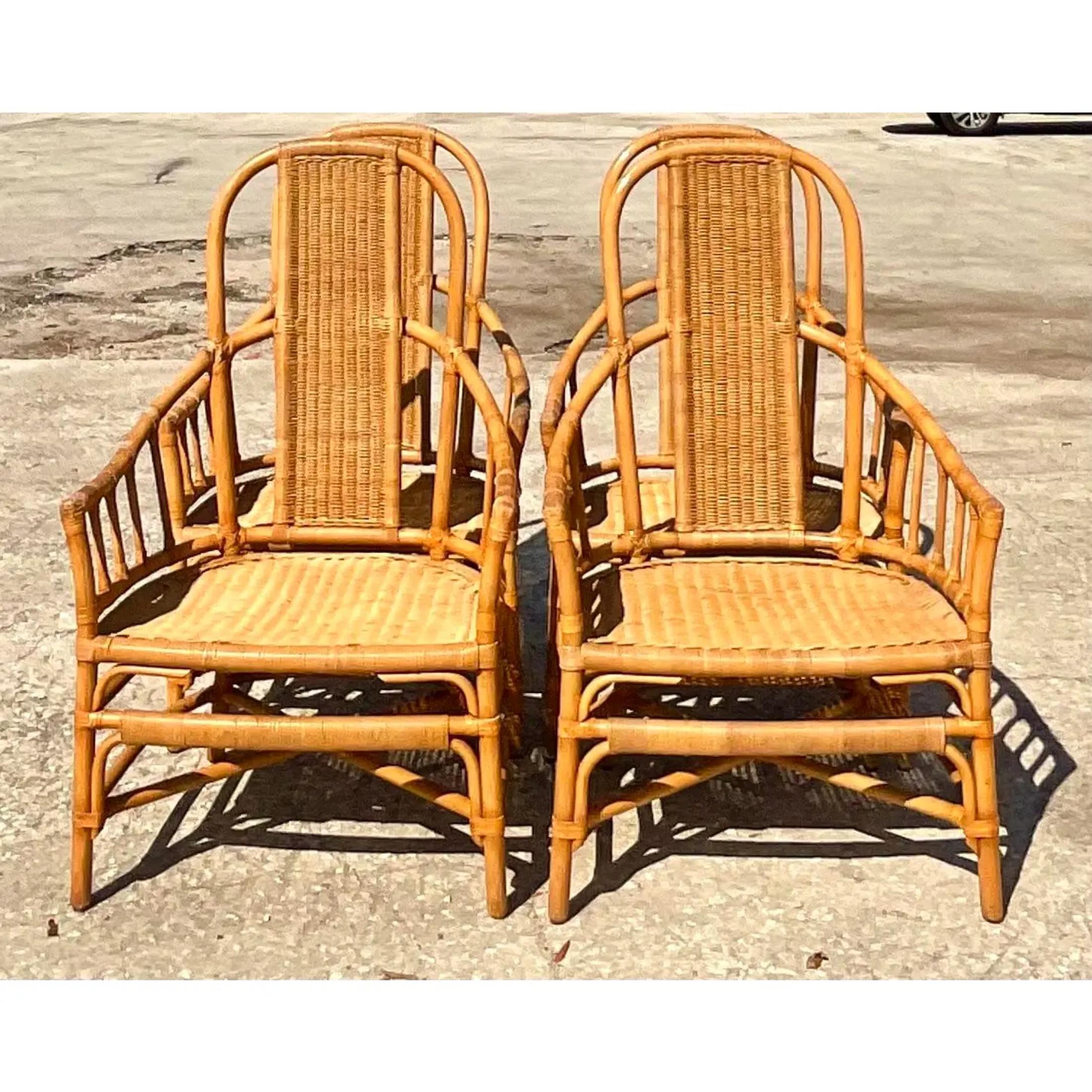 Vintage Coastal Mark David Woven Rattan Dining Chairs - Set of 4 For Sale 3