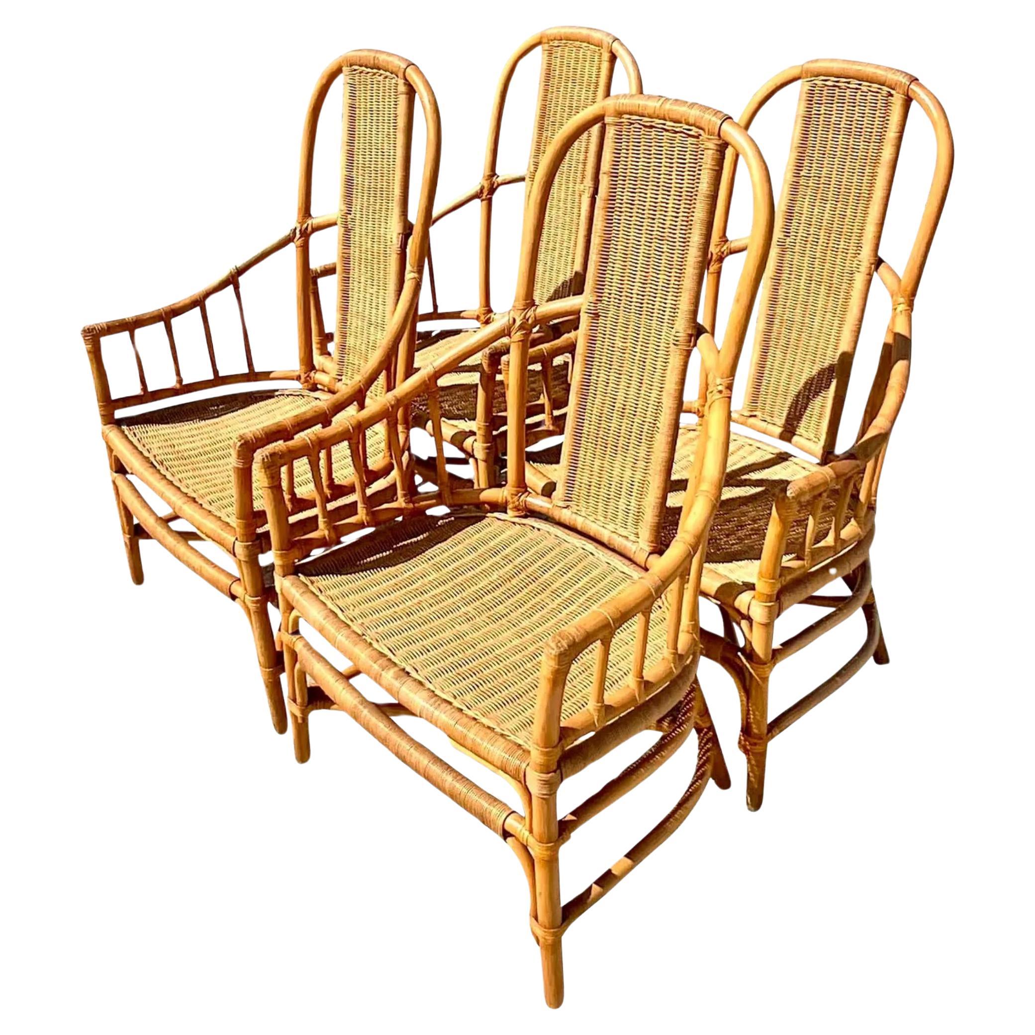 Vintage Coastal Mark David Woven Rattan Dining Chairs - Set of 4 For Sale