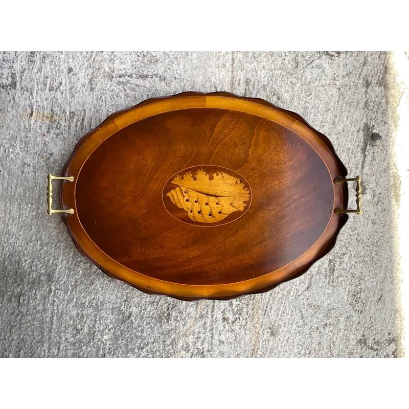 20th Century Vintage Coastal Marquetry Shell Tray For Sale