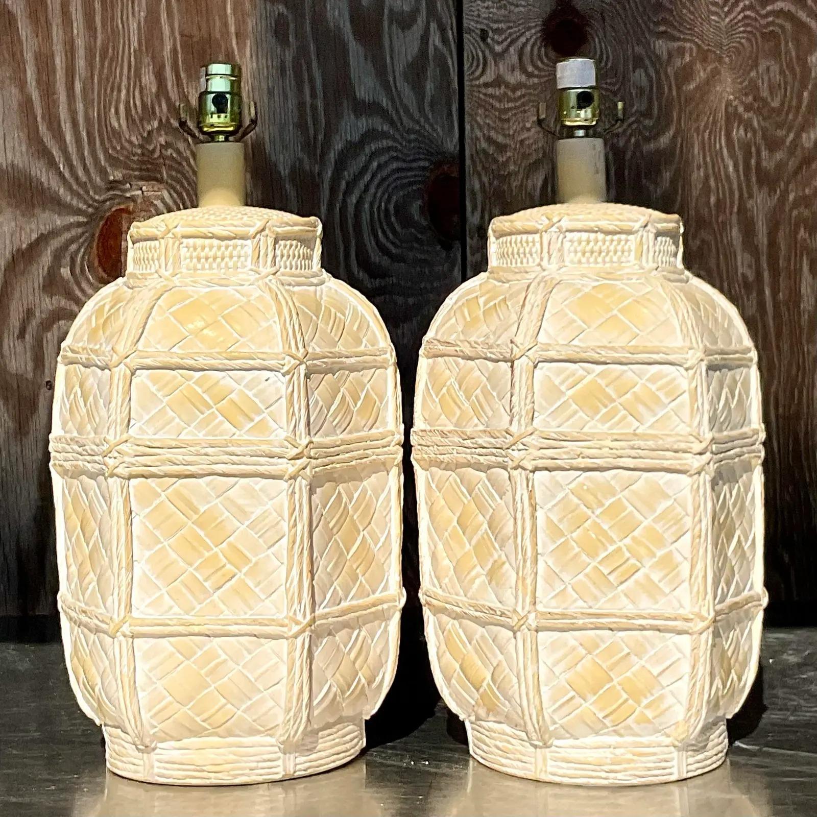 North American Vintage Coastal Matte Ceramic Basket Table Lamps, Pair For Sale