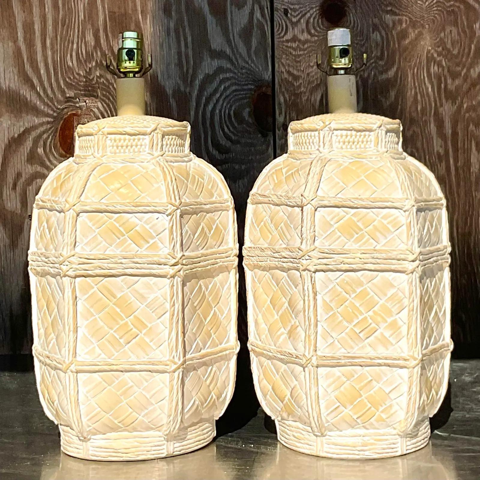 Vintage Coastal Matte Ceramic Basket Table Lamps, Pair In Good Condition In west palm beach, FL