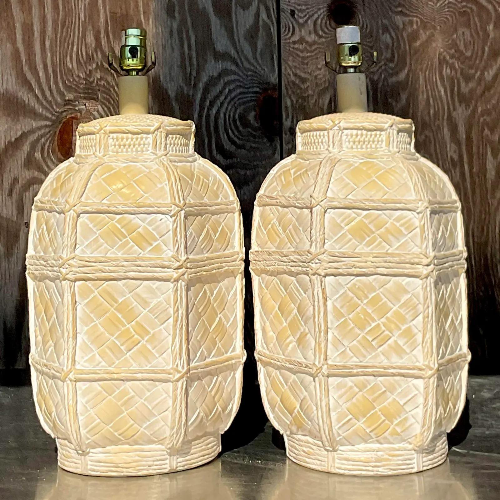 20th Century Vintage Coastal Matte Ceramic Basket Table Lamps, Pair For Sale