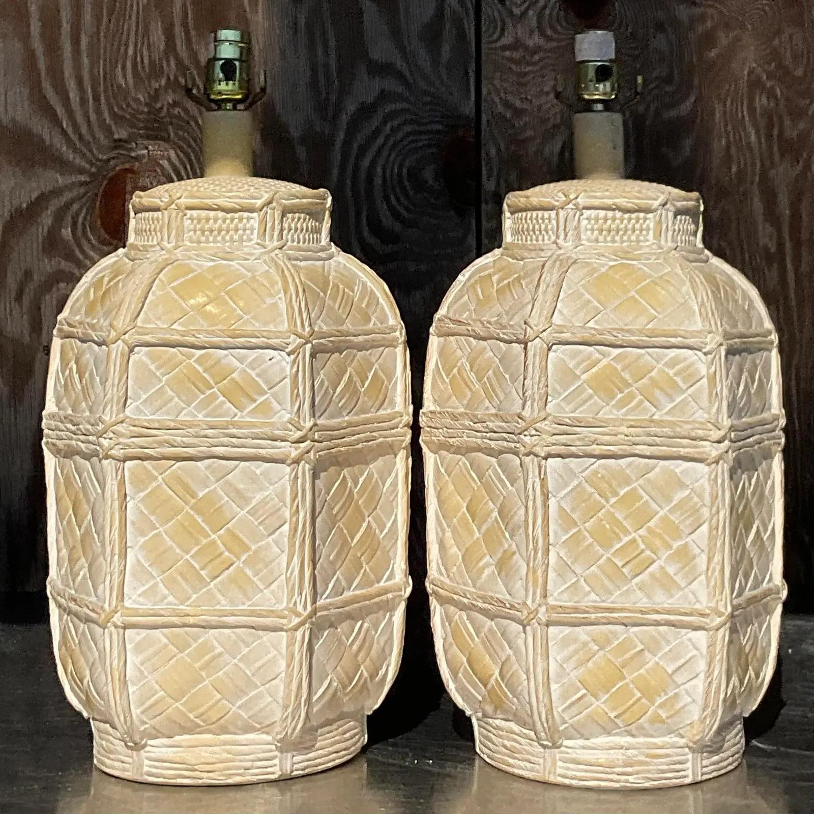 Vintage Coastal Matte Ceramic Basket Table Lamps, Pair 1