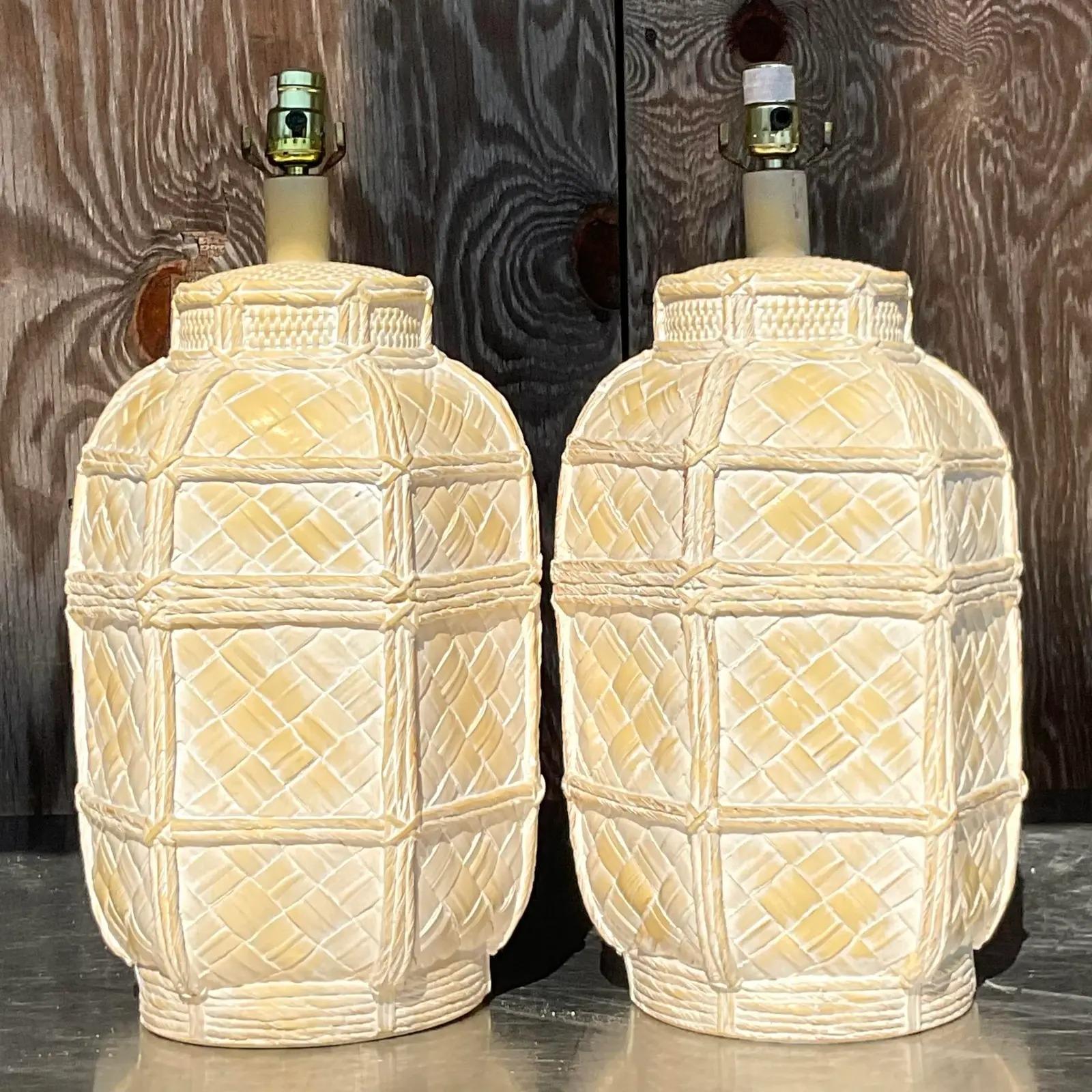 Vintage Coastal Matte Ceramic Basket Table Lamps, Pair For Sale 2