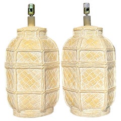 Retro Coastal Matte Ceramic Basket Table Lamps, Pair