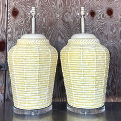 Vintage Coastal Matte Ceramic Basket Weave Table Lamps, a Pair