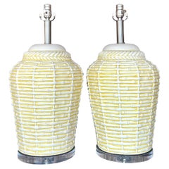 Vintage Coastal Matte Ceramic Basket Weave Table Lamps, a Pair